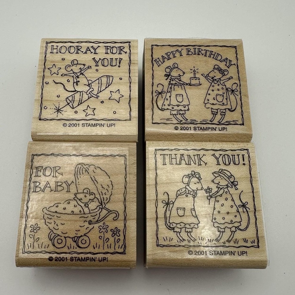 Stampin Up 2001 Wee Wishes Mouse Birthday Baby Wood Mount Rubber Stamp Lot 4 New